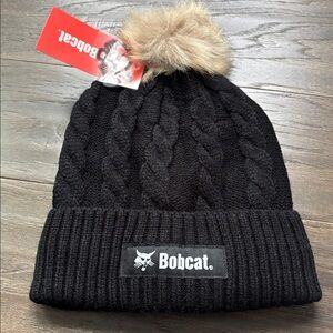 Bobcat Cable Knit,Sherpa lined pom-pom,cuffed beanie,winter hat,black patch logo